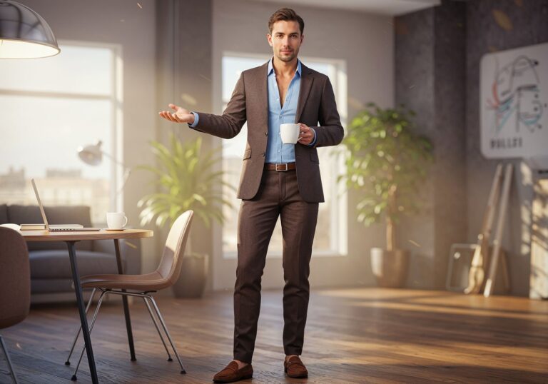 Brązowy garnitur na co dzień – luźny styl pracy z koszulą bez krawata i zamszowymi butami