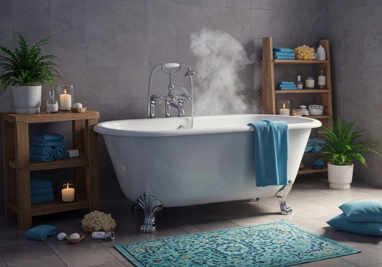 Luksusowa łazienka z dywanem mozaikowym – błękity dla zmysłowego relaksu i spa-like atmosfery