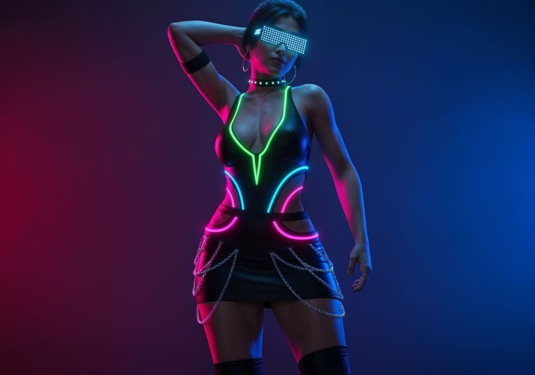 Odkryj seksowny karnawałowy look z neonowymi wycięciami i łańcuchami