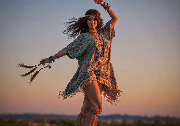 Karnawałowy urok boho – inspiracje tuniką z wycięciami i spodniami harem na etniczne fiesty