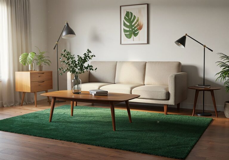 Dywany w szmaragdowej zieleni – natura w salonie mid-century modern