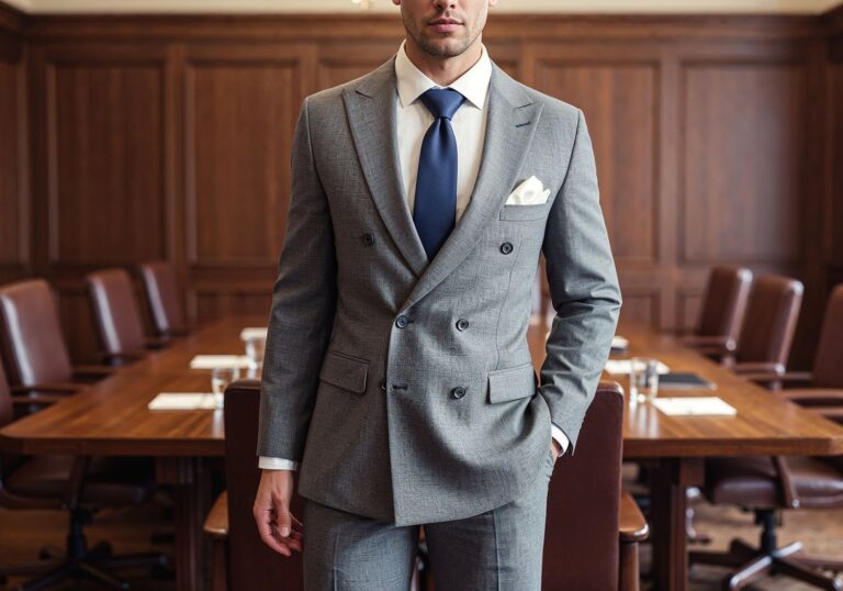 Elegancja szarości – klasyczny garnitur z dwurzędową marynarką na formalne spotkania
