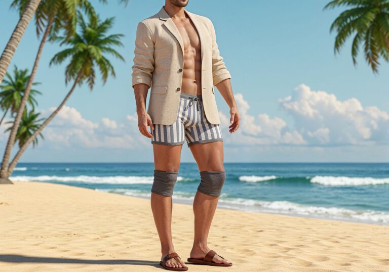 Piaskowa marynarka z lnu z szortami w paski i sandałami – relaksujący styl na tropikalną plażę