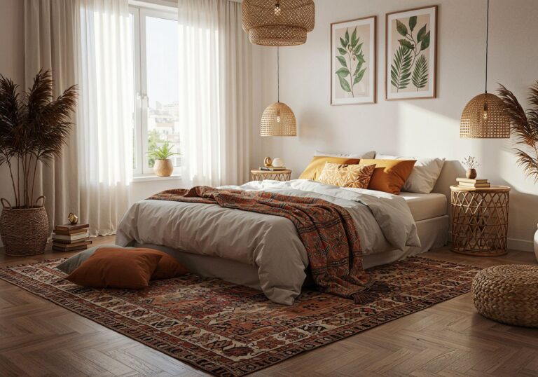 Stwórz egzotyczną oazę relaksu w sypialni boho z dywanem marokańskim