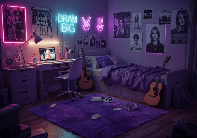 Fioletowy dywan shaggy w pokoju nastolatka – azyl kreatywności i buntu