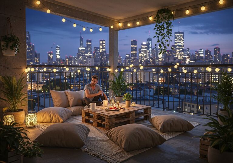 Balkon miejski z nutą skandynawskiego luzu – dywan sznurkowy i kawowe spotkania z widokiem