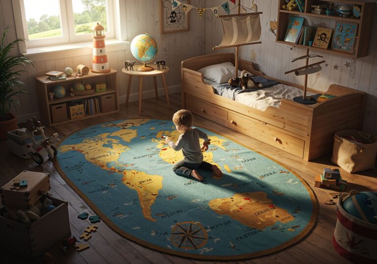 Odkrywaj świat z pokoju dziecka – owalne dywany z mapami i aranżacje pełne przygód