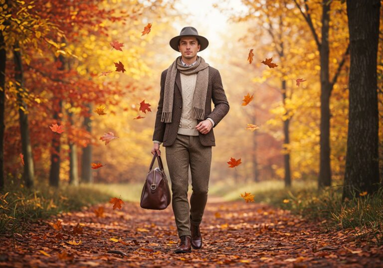 Elegancki spacer w jesiennym lesie – brązowa marynarka z tweedu jako klucz do stylowego looku