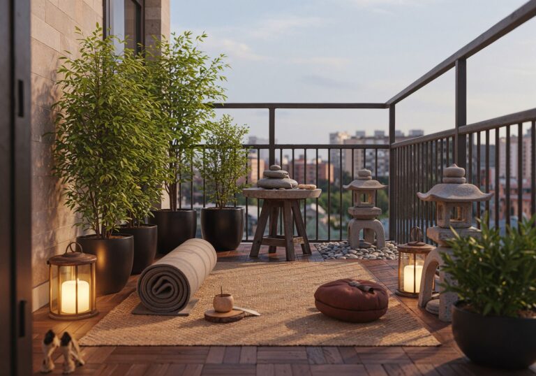 Balkonowy kącik zen z bambusem – dywany antypoślizgowe dla bezpieczeństwa i głębokiego oddechu