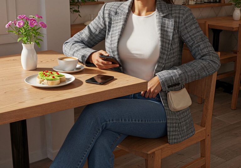 Casualowy twist – marynarka w kratę z dżinsami i sneakersami na brunch