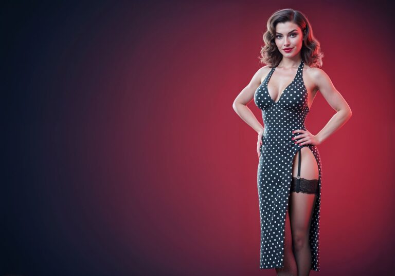 Odkryj retro wdzięk – pin-up girl z lat 50. w kropkowanej sukience