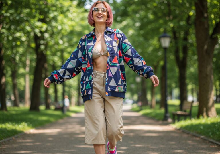 Radosna stylizacja na spacer – marynarka w geometryczne wzory i luźne culottes