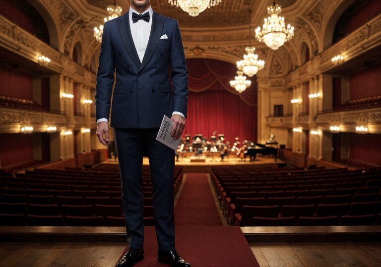 Elegancki garnitur wieczorowy w głębokim granacie – stylizacja na wieczór w filharmonii z klasą