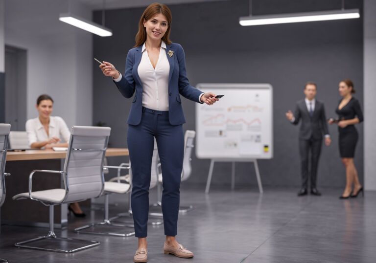 Elegancki granatowy garnitur z jedwabną bluzką – idealny strój na networking dla kobiety