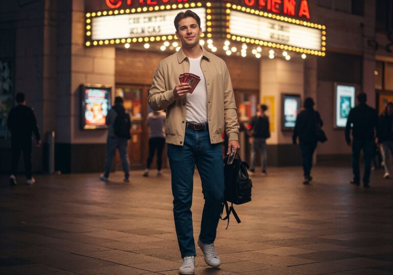 Luźny wieczór w kinie – casualowa stylizacja z marynarką Harrington i jeansami