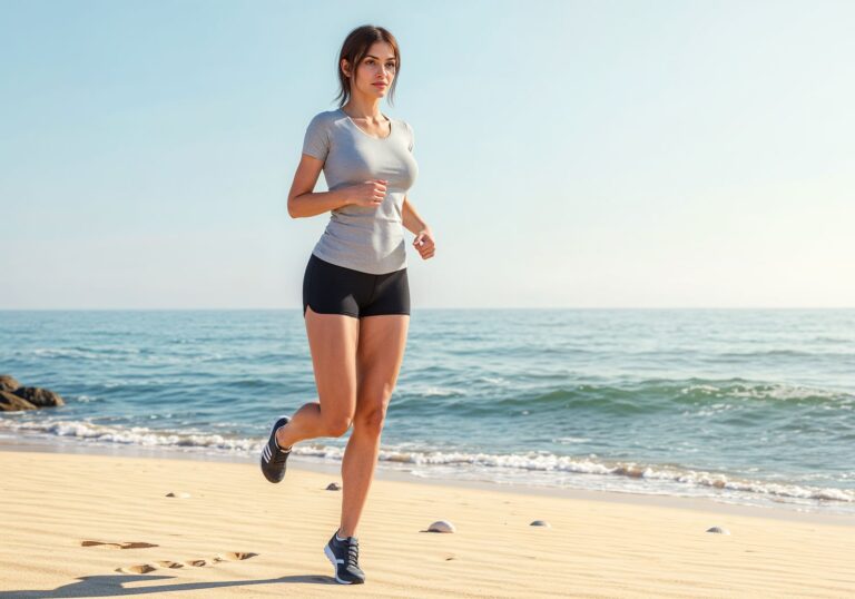 Idealny strój na plażowy trening – szary t-shirt z szortami kompresyjnymi i butami do biegania