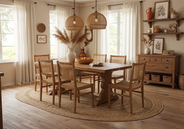 Rustykalna jadalnia z dywanami sznurkowymi – przytulna oaza w wiejskim stylu