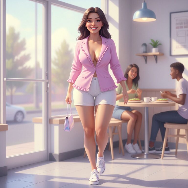 Radosny look na brunch – marynarka z falbanami i szorty w pastelowym różu