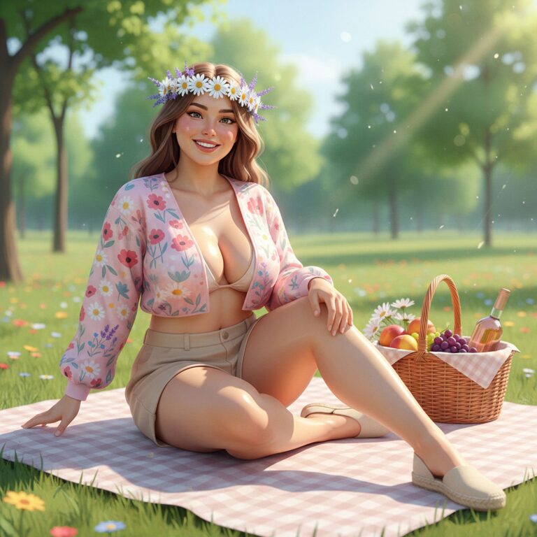 Radosny look na piknik – marynarka z kwiatowymi haftami i beżowe bermudy