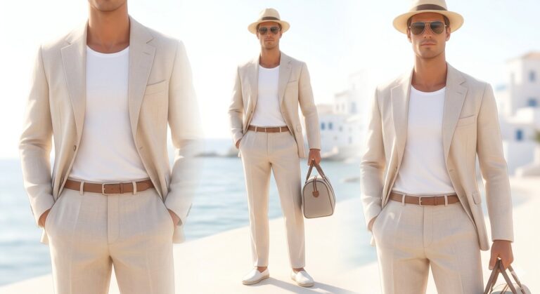 Lekki i stylowy look na wakacje – casual garnitur lniany z T-shirtem i espadrylami